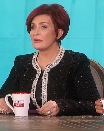 Sharon's black metallic jacket on The Talk