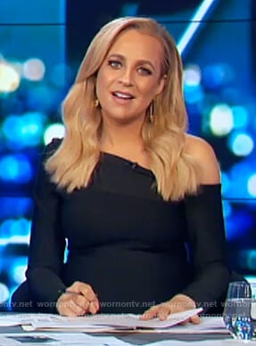 Carrie's black off shoulder folded dress on The Project