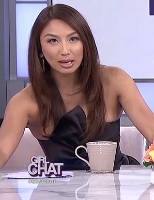 Jeannie's black strapless bow front jumpsuit on The Real