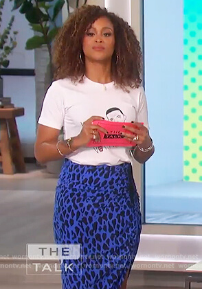 Eve's blue leopard print skirt and white tee on The Talk
