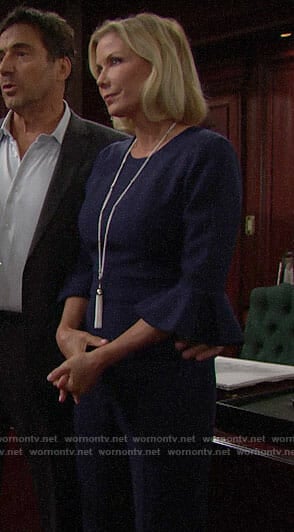 Brooke's navy bell-sleeve jumpsuit on The Bold and the Beautiful