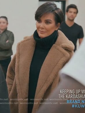 Kris's brown fur coat and turtleneck sweater on Keeping Up with the Kardashians