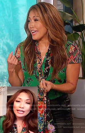 Carrie Inaba's green floral print top on The Talk