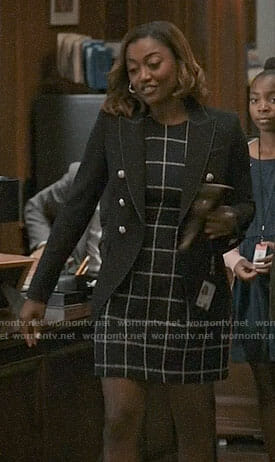 Daisy's checked dress and blazer with silver buttons on Madam Secretary