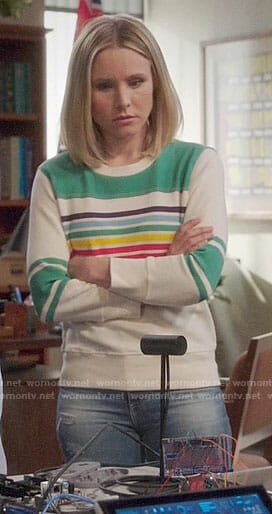 Eleanor's striped sweatshirt with green panel on The Good Place