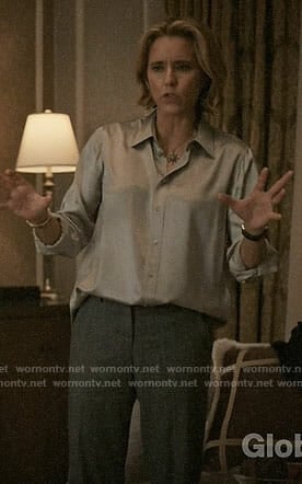 Elizabeth's silver button down blouse on Madam Secretary