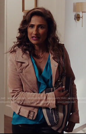 Emet's pink suede moto jacket on I Feel Bad