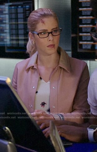 Felicity's floral top and pink leather bomber jacket on Arrow