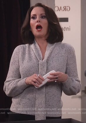 Karen's gray tie front sweater on Will and Grace