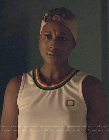 Issa's white striped trim tank top on Insecure
