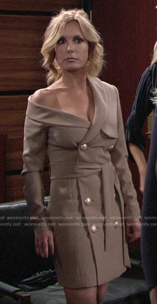 Lauren's off-shoulder trench dress on The Young and the Restless