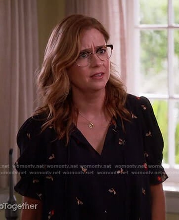 Lena's navy floral embroidered top on Splitting Up Together