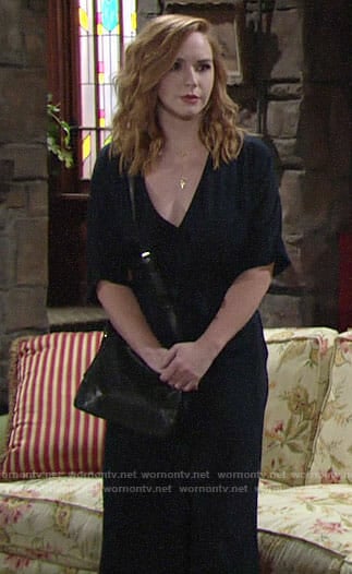 Mariah's navy wrap jumpsuit on The Young and the Restless