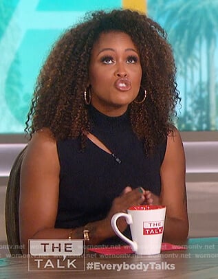 Eve's navy shoulder cutout dress on The Talk