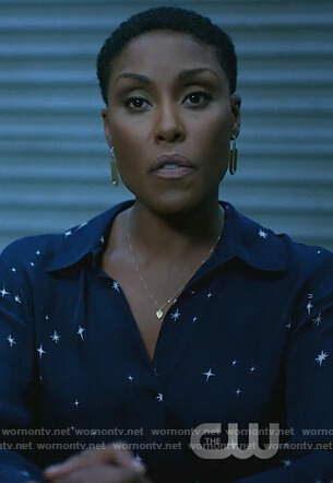 Lynn's navy star print blouse on Black Lightning