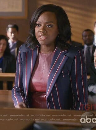 Annalise's navy striped blazer and burgundy leather top on How to Get Away with Murder