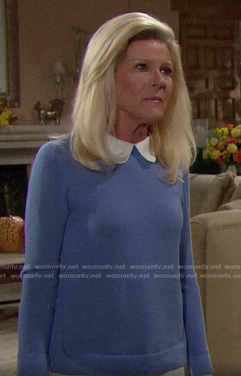 Pam's blue sweater with white collar on The Bold and the Beautiful