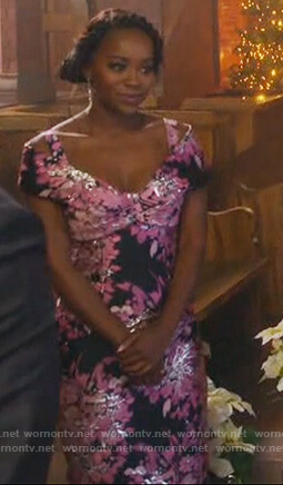 Michaela's floral metallic cold shoulder dress on How to Get Away with Murder
