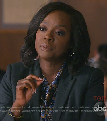Annalise's blue print tie neck top on How to Get Away with Murder