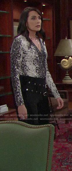 Quinn's black and white printed top and double belt pants on The Bold and the Beautiful