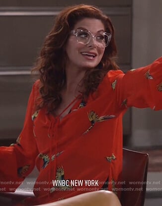 Grace's red bird print top on Will and Grace