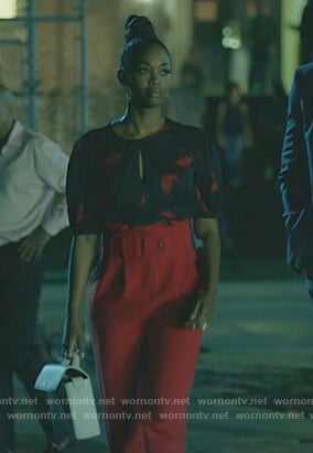 Annissa's black origami print top and high waist pants on Black Lightning