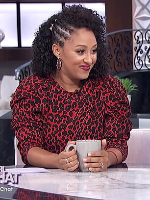 Tamera's red leopard print top and skirt on The Real