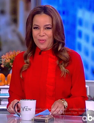 Sunny's red ruffle front belted dress on The View