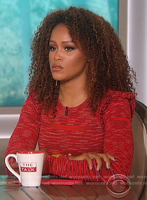 Eve's red ruffle shoulder top on The Talk