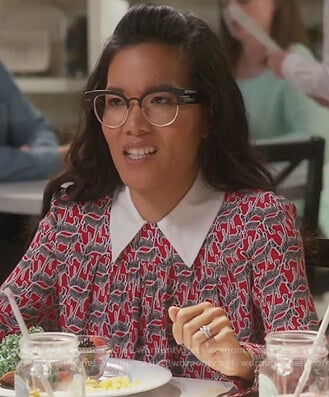 Doris's red zebra print blouse with contrast collar on American Housewife