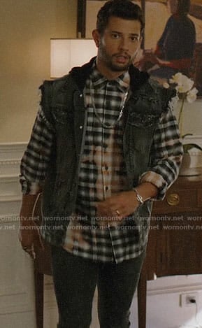 Sam's bleached plaid shirt and denim vest on Dynasty