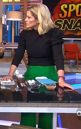 Sara's black puff sleeve top and green pants on GMA Day