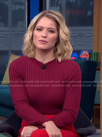Sara's red ribbed scalloped sweater on GMA Day