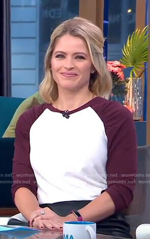 Sara's white and burgundy baseball tee on GMA Day