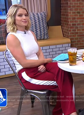 Sara's white sleeveless knit top and red jersey pants on GMA Day
