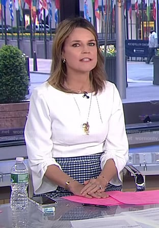 Savannah's white ruched sleeve top on Today