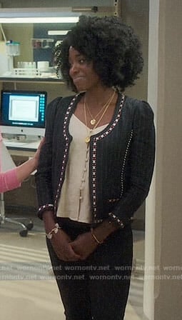 Simone's button front cami and embroidered trim jacket on The Good Place