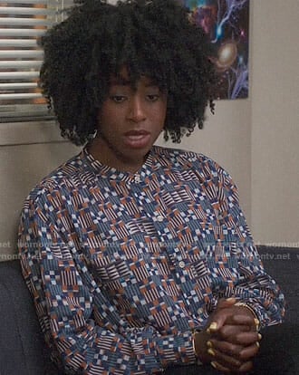 Simone's geometric print blouse on The Good Place