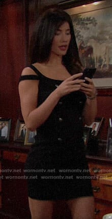 Steffy's black cold-shoulder dress with buttons on The Bold and the Beautiful