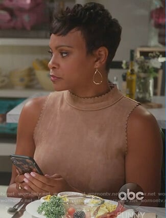 Angela's brown suede sleeveless dress on American Housewife