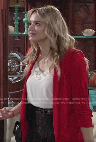 Summer's red blazer and cherry print skirt on The Young and the Restless