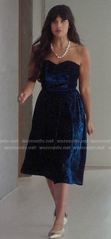 Tahani's blue velvet strapless dress on The Good Place