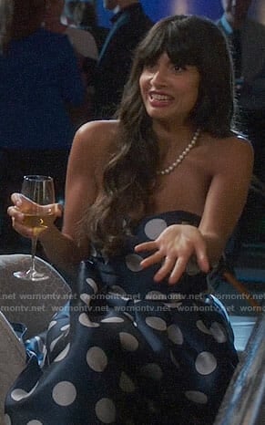 Tahani's navy polka dot strapless dress on The Good Place