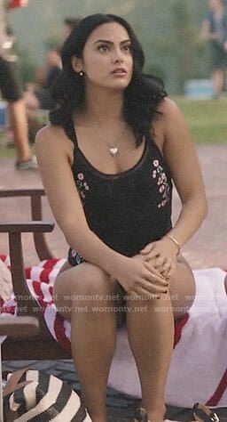 Veronica's black floral embroidered swimsuit on Riverdale