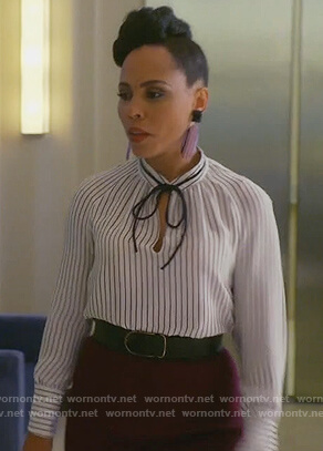 Teagan's striped tie neck blouse on How to Get Away with Murder