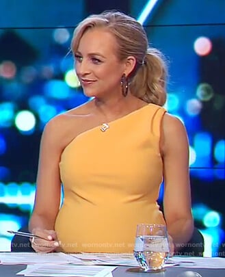 Carrie's yellow one-shoulder dress on The Project