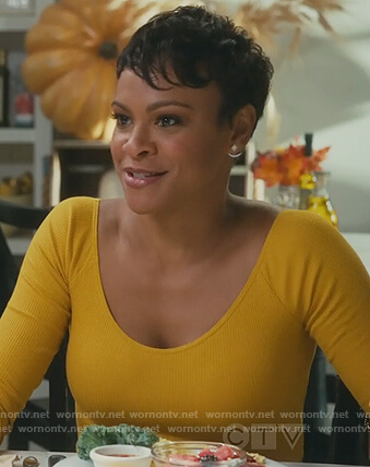 Angela's yellow ribbed top on American Housewife