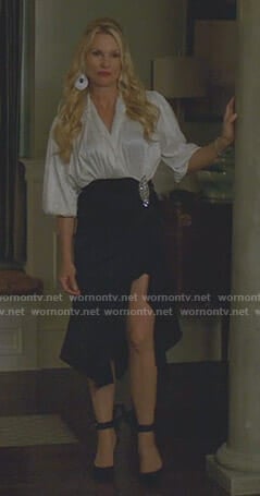 Alexis's white and black leopard asymmetric dress on Dynasty