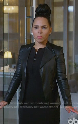 Tegan's black leather peplum jacket on How to Get Away with Murder
