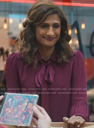 Emet's purple bell sleeve tie neck blouse on I Feel Bad